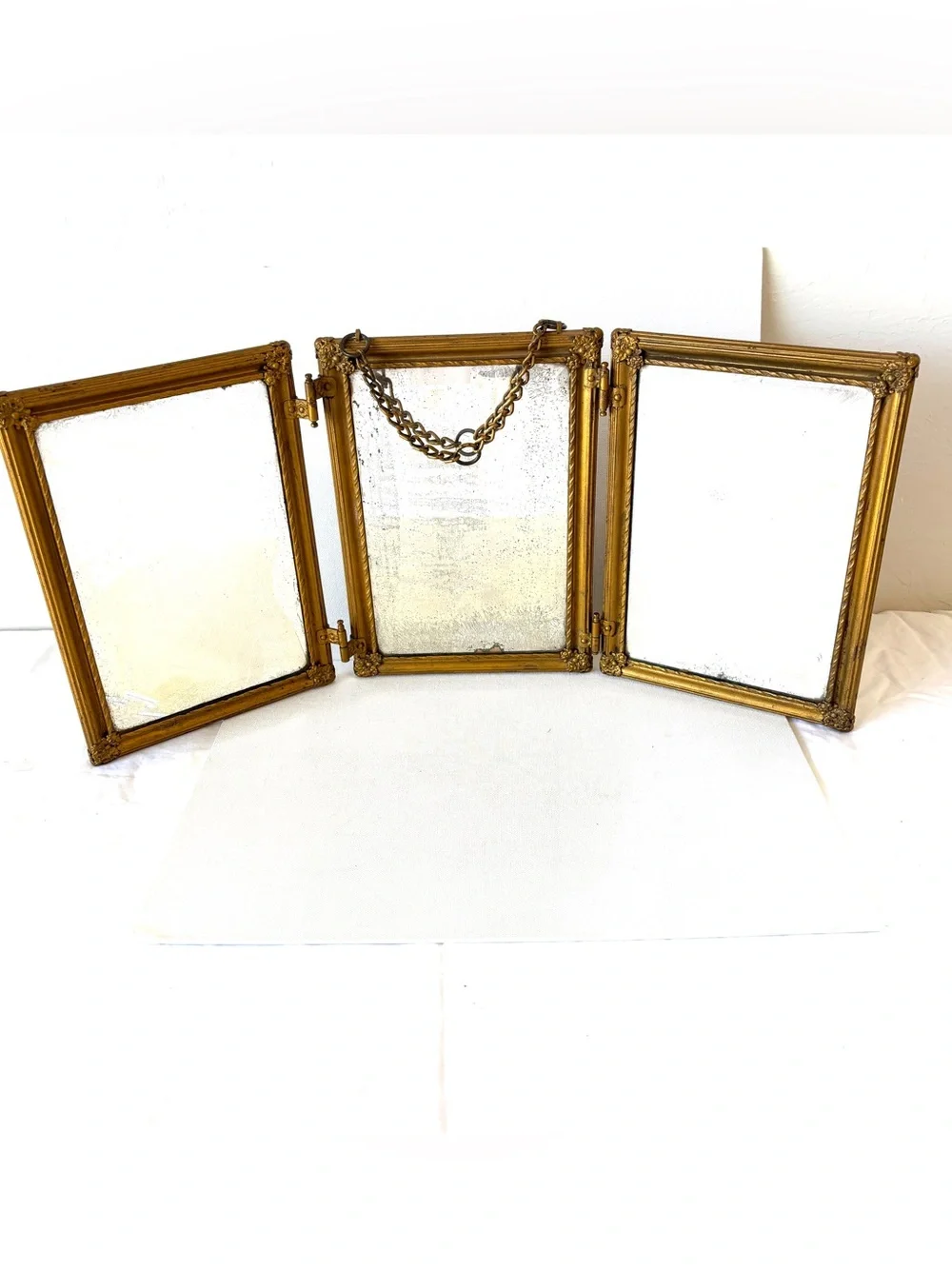 Mirror: Antique Victorian Beveled Tri-Fold Hanging Brass Indian Floral Wall Art